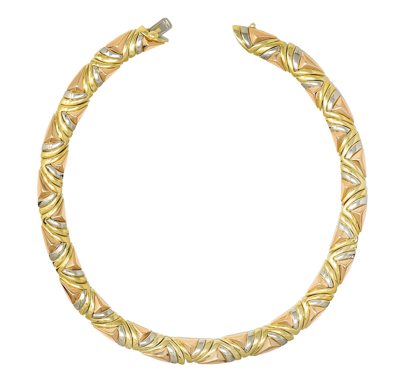 Bulgari French 1980’s 18 Karat Tri-Gold Geometric Vintage Collar Necklace