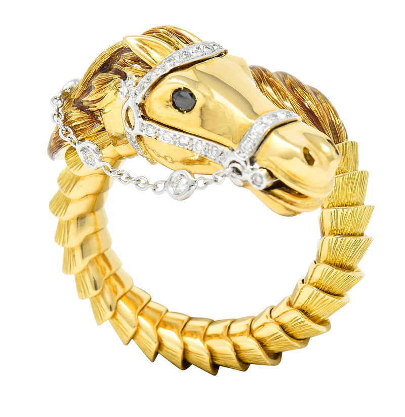 Roberto Coin Contemporary Diamond Enamel 18 Karat Two-Tone Gold Animalier Horse Flexible Bypass Ring