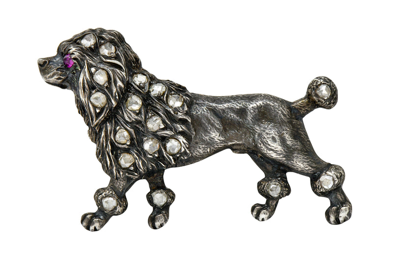 1860’s Victorian Diamond Ruby Silver-Topped 14 Karat Gold Poodle Dog Brooch