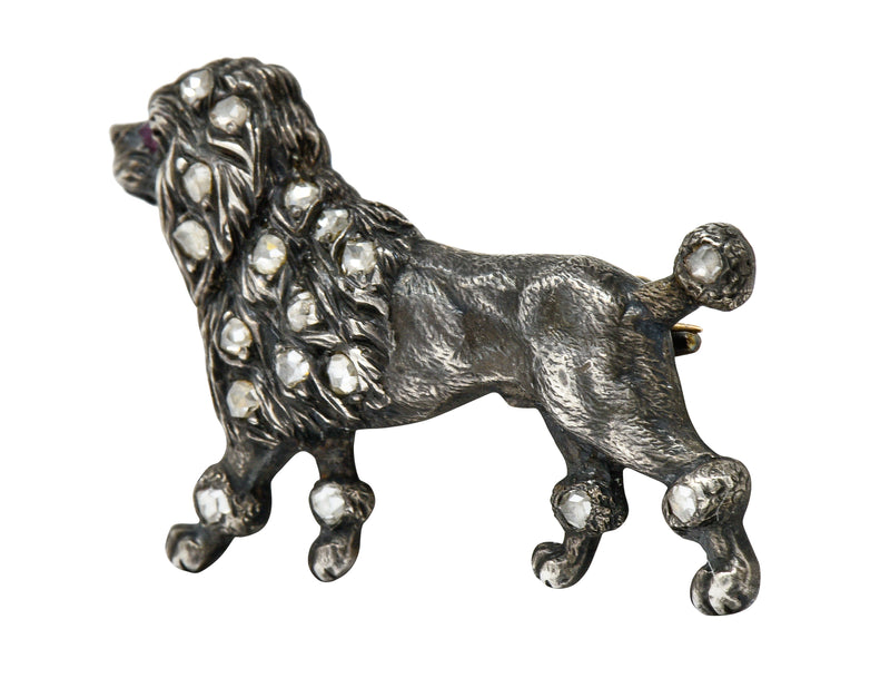 1860’s Victorian Diamond Ruby Silver-Topped 14 Karat Gold Poodle Dog Brooch