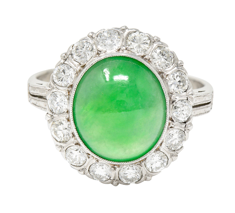 Art Deco Diamond Natural Jade Cabochon Platinum Scrolling Vintage Halo Ring GIA