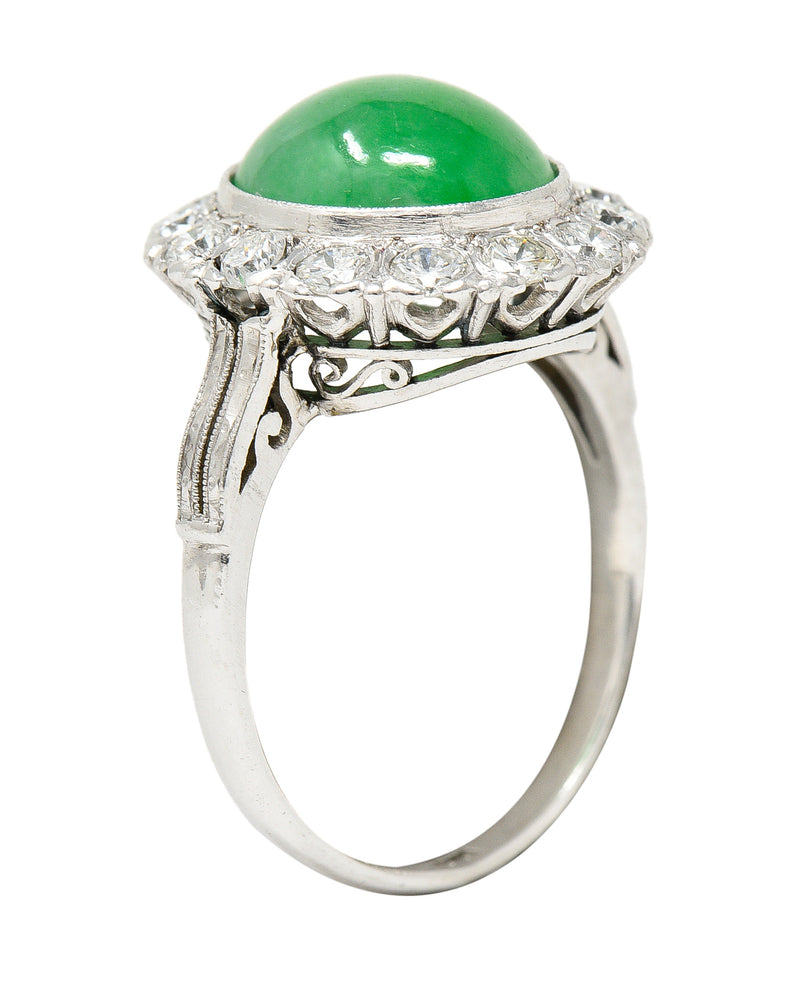 Art Deco Diamond Natural Jade Cabochon Platinum Scrolling Vintage Halo Ring GIA