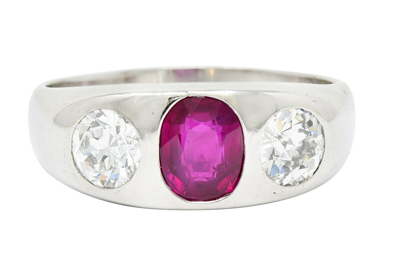 Retro 3.39 CTW No Heat Burma Ruby Diamond Platinum Unisex Gypsy Band Vintage Ring AGL