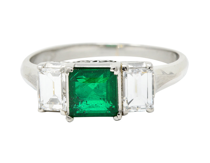 Contemporary 1.44 CTW Emerald Diamond Platinum Three Stone Ring