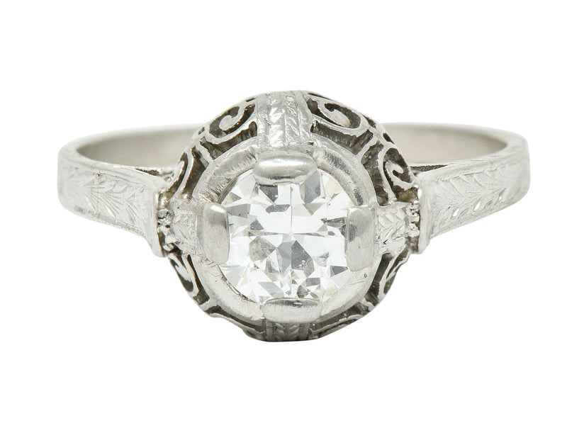 Art Deco 0.52 Carat Diamond Platinum Scrolled Foliate Engagement Ring