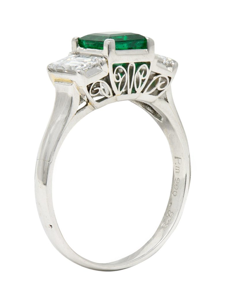 Contemporary 1.44 CTW Emerald Diamond Platinum Three Stone Ring