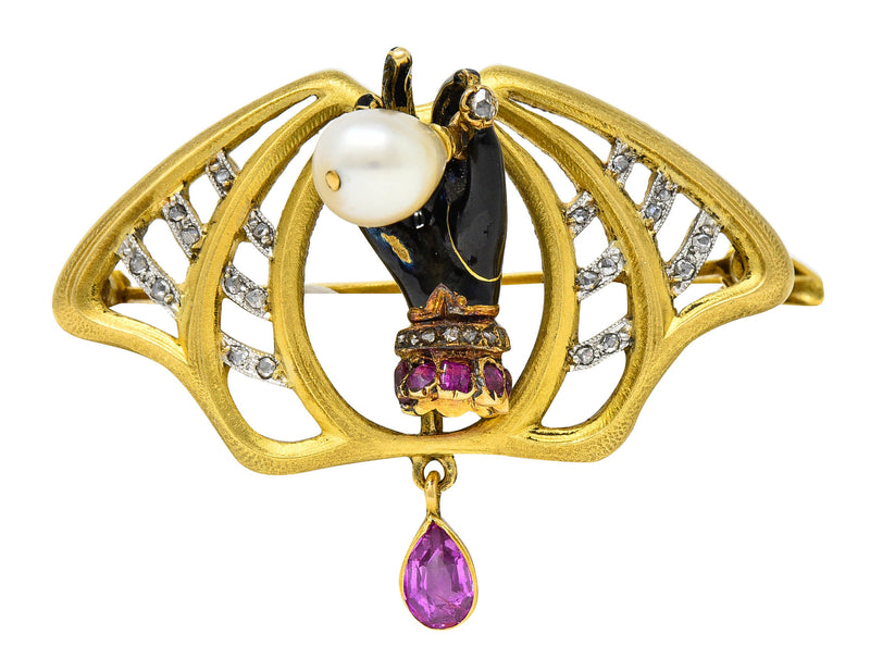 French Pearl Enamel 1.00 CTW Ruby Diamond Platinum-Topped 18 Karat Gold Hand Pendant Brooch