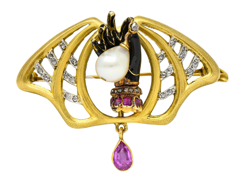 French Pearl Enamel 1.00 CTW Ruby Diamond Platinum-Topped 18 Karat Gold Hand Pendant Brooch