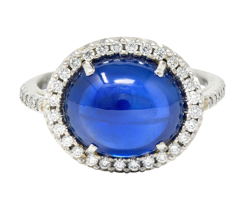 No Heat Ceylon 7.69 CTW Sapphire Diamond Platinum Halo Cabochon Ring AGL