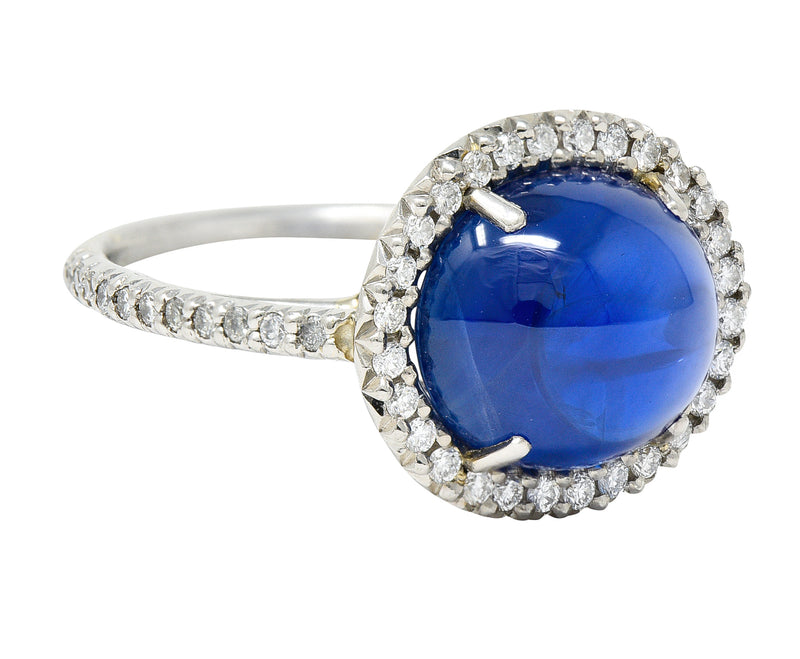 No Heat Ceylon 7.69 CTW Sapphire Diamond Platinum Halo Cabochon Ring AGL