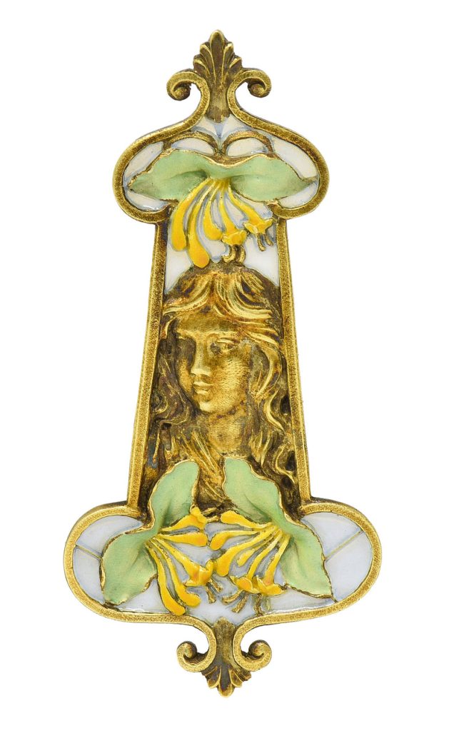 Eugene Feuilltre Art Nouveau Plique-A-Jour Enamel 18 Karat Gold Lily Lady Antique Pendant