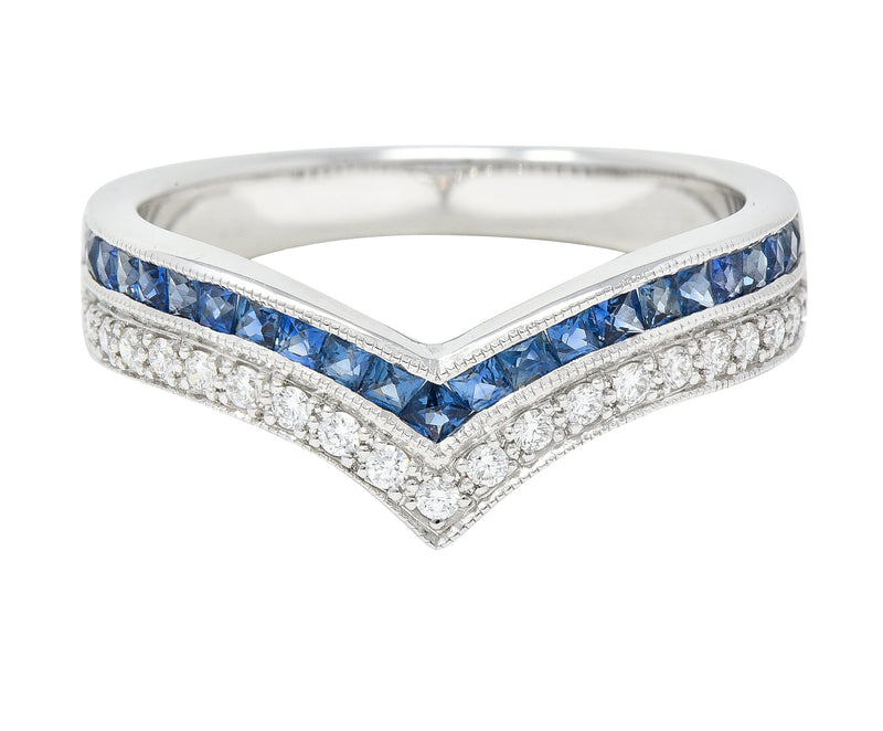 Contemporary French Cut Sapphire Diamond 14 Karat White Gold Chevron Contour Band Ring