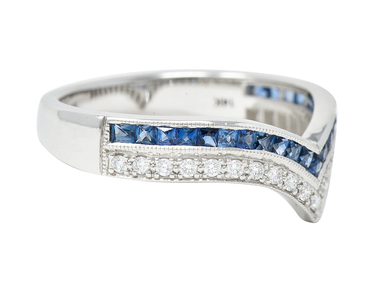 Contemporary French Cut Sapphire Diamond 14 Karat White Gold Chevron Contour Band Ring