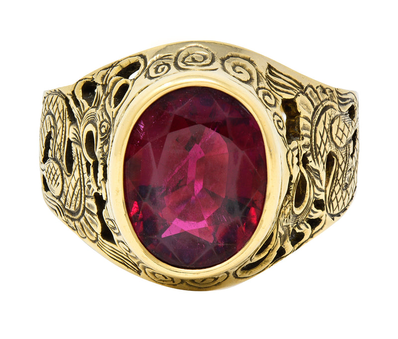 Art Nouveau 7.85 CTW Oval Cut Rubellite 18 Karat Yellow Gold Unisex Men’s Dragon Antique Gemstone Ring