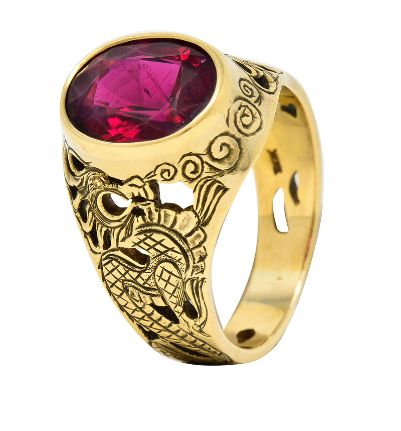 Art Nouveau 7.85 CTW Oval Cut Rubellite 18 Karat Yellow Gold Unisex Men’s Dragon Antique Gemstone Ring