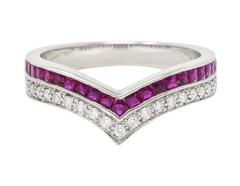 Contemporary 0.69 CTW French Cut Ruby Diamond 14 Karat White Gold Chevron Contour Band Ring