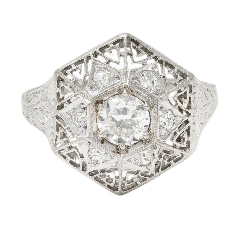 Art Deco 0.56 CTW Diamond Platinum Hexagonal Greek Key Vintage Dinner Ring