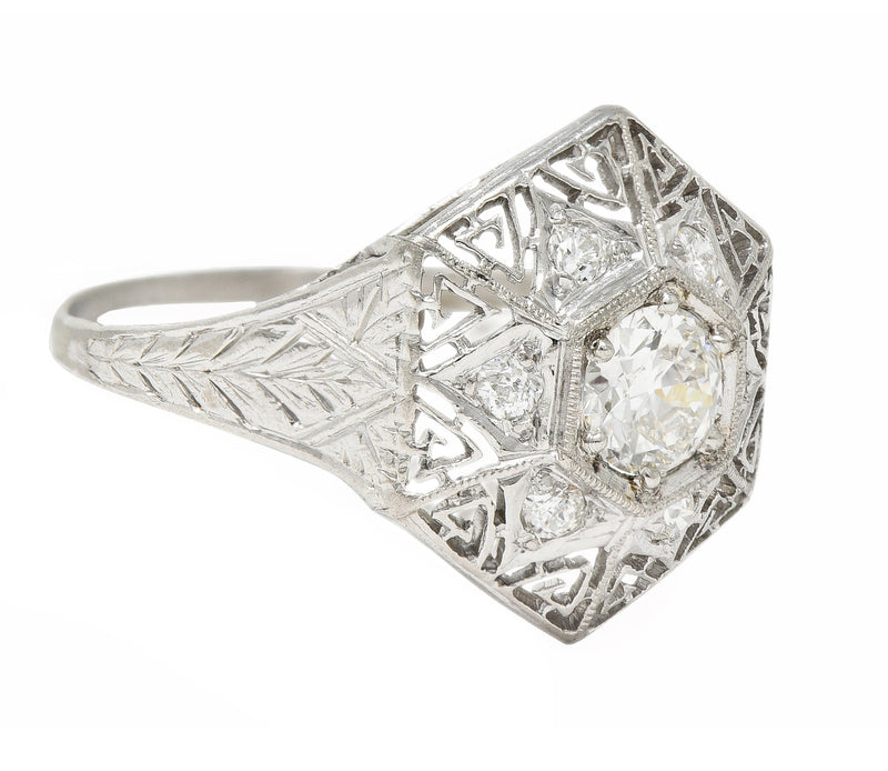 Art Deco 0.56 CTW Diamond Platinum Hexagonal Greek Key Vintage Dinner Ring