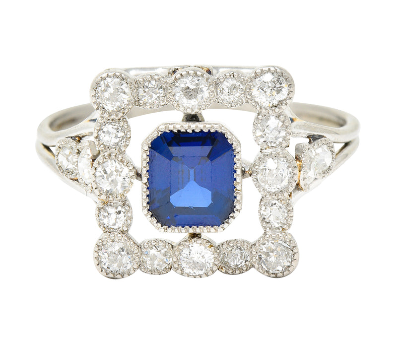 Art Deco 1.35 CTW Sapphire Diamond Platinum Rectangular Cluster Ring