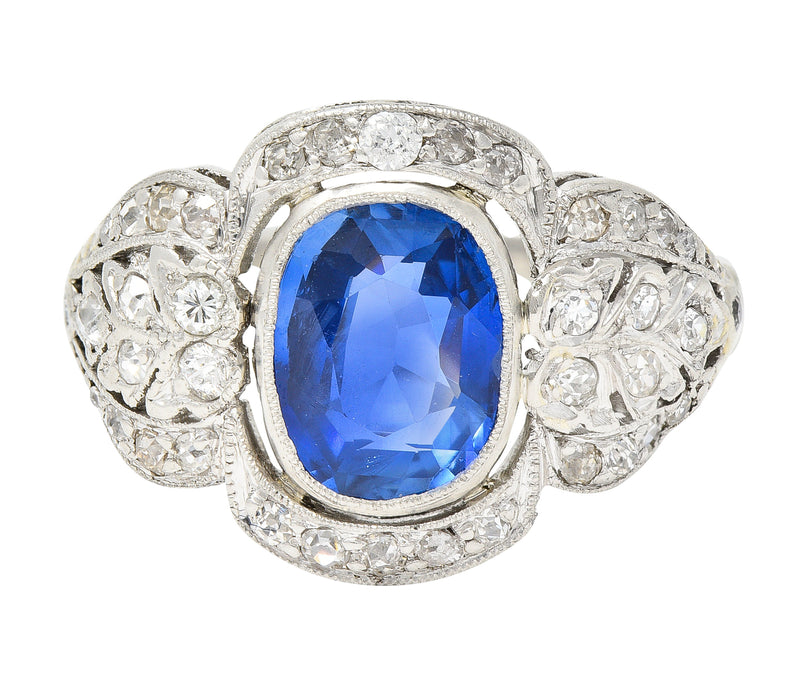 Edwardian 2.56 CTW Cushion Cut No Heat Burma Sapphire Diamond Platinum Foliate Antique Dinner Ring AGL