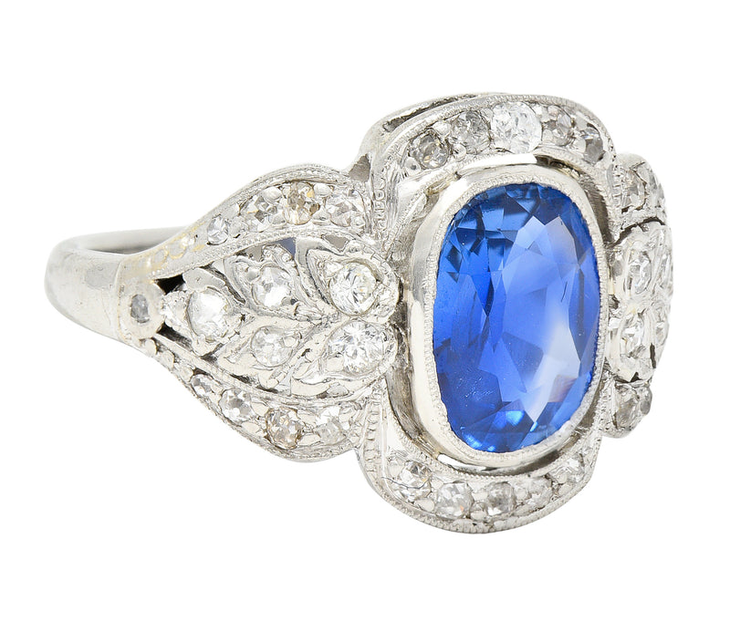 Edwardian 2.56 CTW Cushion Cut No Heat Burma Sapphire Diamond Platinum Foliate Antique Dinner Ring AGL