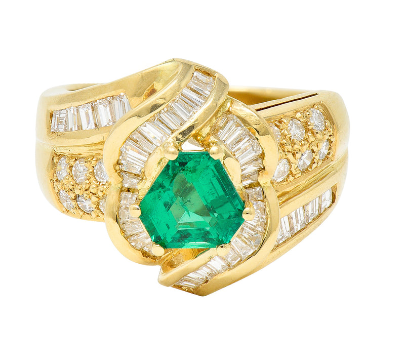 1980’s Vintage 2.09 CTW Colombian Emerald Diamond 18 Karat Yellow Gold Knot Ring GIA