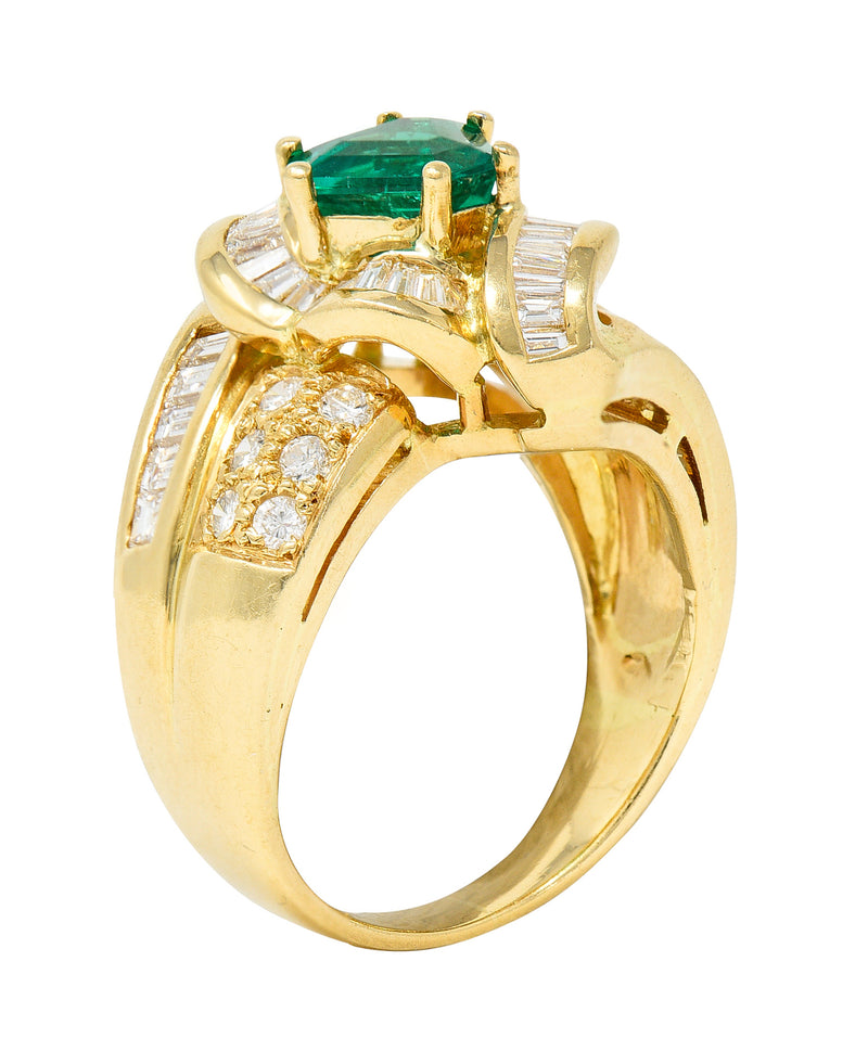 1980’s Vintage 2.09 CTW Colombian Emerald Diamond 18 Karat Yellow Gold Knot Ring GIA