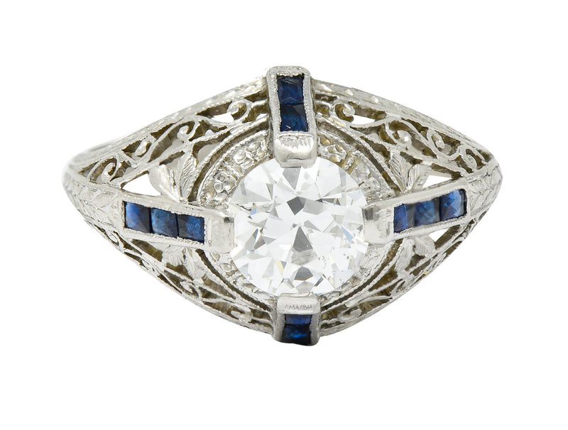 Art Deco 1.32 CTW Diamond Sapphire Platinum Foliate Engagement Ring