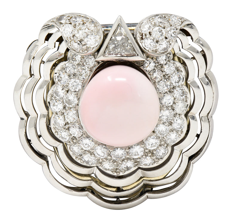 French Pink Saltwater Conch Pearl Diamond Platinum Scallop Shell Vintage Mid-Century Brooch Clip GIA