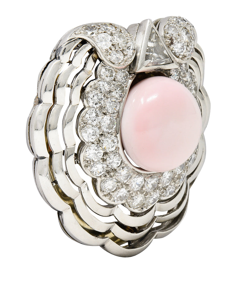 French Pink Saltwater Conch Pearl Diamond Platinum Scallop Shell Vintage Mid-Century Brooch Clip GIA