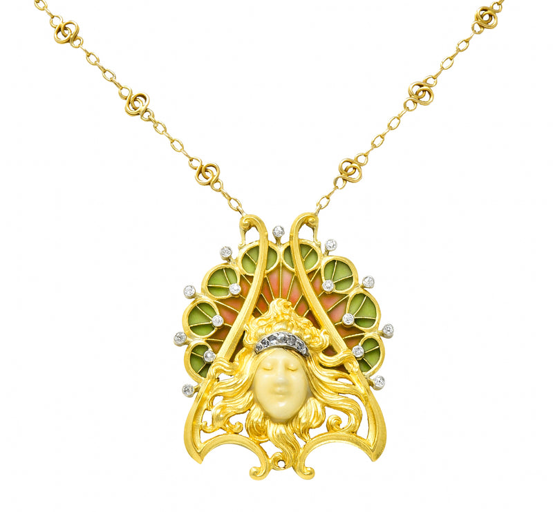 French Art Nouveau Diamond Plique-A-Jour Enamel Platinum-Topped 18 Karat Yellow Gold Lady Antique Station Necklace