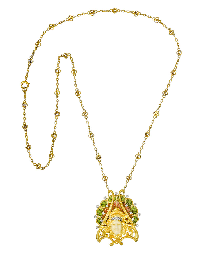 French Art Nouveau Diamond Plique-A-Jour Enamel Platinum-Topped 18 Karat Yellow Gold Lady Antique Station Necklace