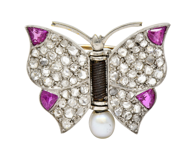 Edwardian 1.43 CTW Ruby Diamond Pearl Platinum 18 Karat Gold Butterfly Brooch Clip