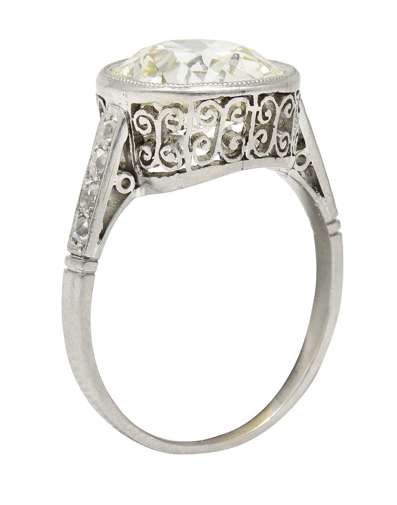 Art Deco 3.22 CTW Old Eurpean Cut Diamond Platinum Scroll Bezel Vintage Engagement Ring GIA