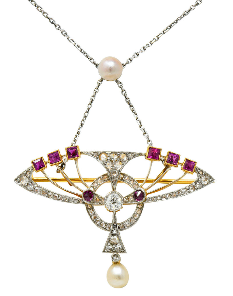 Edwardian Pearl 2.25 CTW Diamond Ruby Platinum-Topped 18 Karat Gold Swag Pendant Brooch Necklace