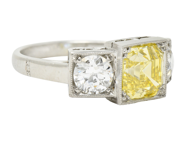 Art Deco 3.20 CTW Asscher Cut Fancy Intense Yellow & Old European Cut Diamond Platinum Foliate Vintage Ring GIA