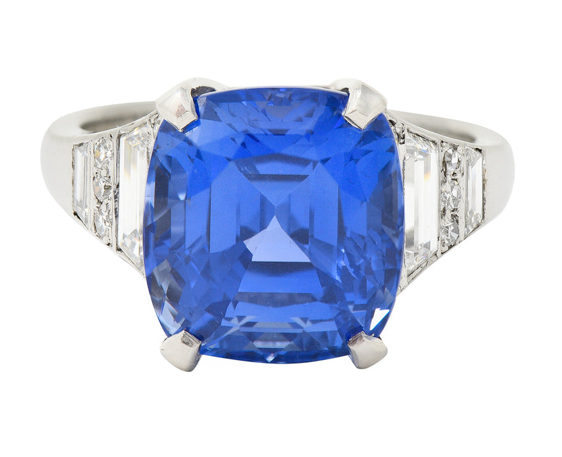 Mid-Century 11.00 CTW No Heat Cushion Cut Ceylon Sapphire Diamond Platinum Vintage Gemstone Ring AGL