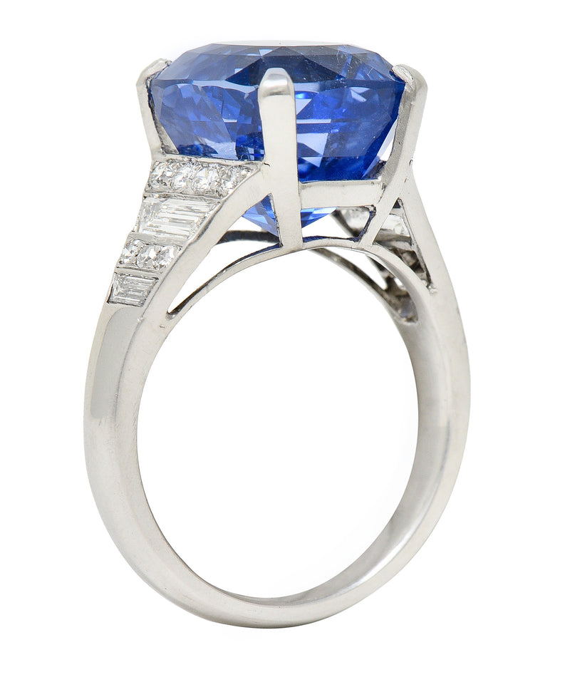 Mid-Century 11.00 CTW No Heat Cushion Cut Ceylon Sapphire Diamond Platinum Vintage Gemstone Ring AGL