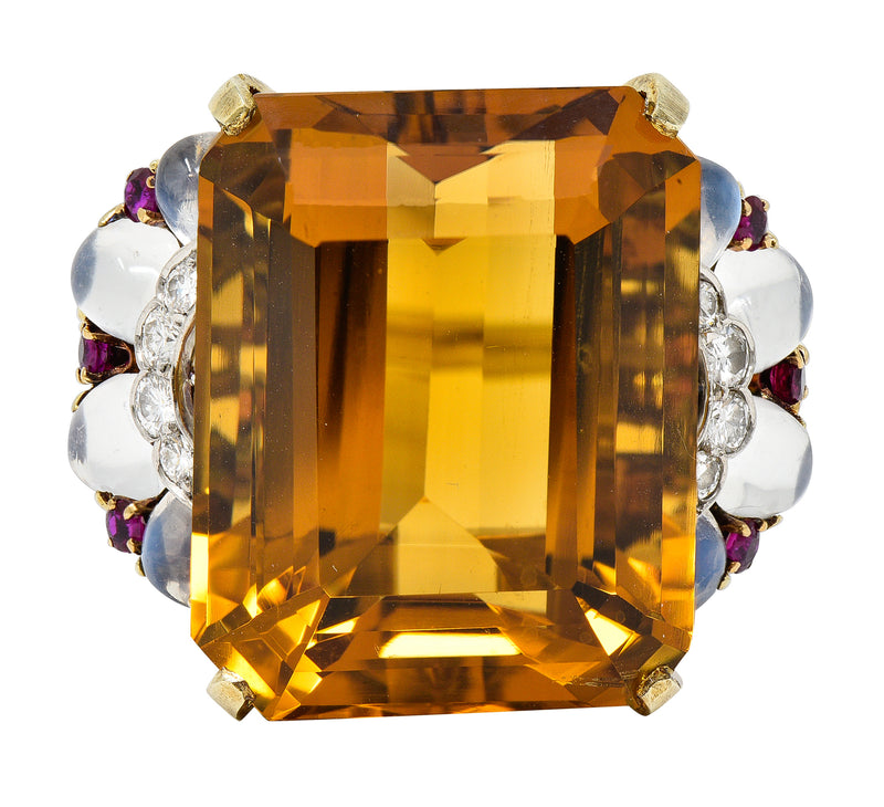 Tiffany & Co. Retro 39.97 CTW Emerald Cut Citrine Diamond Ruby Moonstone Cabochon Platinum 14 Karat Yellow Gold Vintage Cocktail Ring