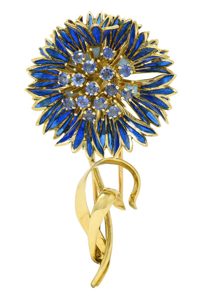 Mid-Century Mellerio Paris 2.85 CTW Sapphire Plique-A-Jour Enamel 18 Karat Yellow Gold French Flower Brooch