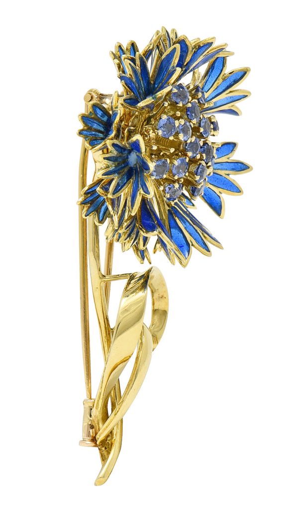 Mid-Century Mellerio Paris 2.85 CTW Sapphire Plique-A-Jour Enamel 18 Karat Yellow Gold French Flower Brooch