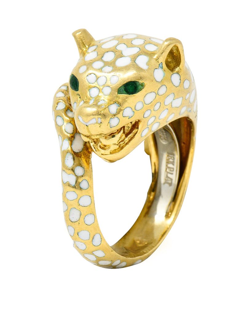 David Webb 1970s Enamel 18 Karat Yellow Gold Leopard Vintage Bypass Ring