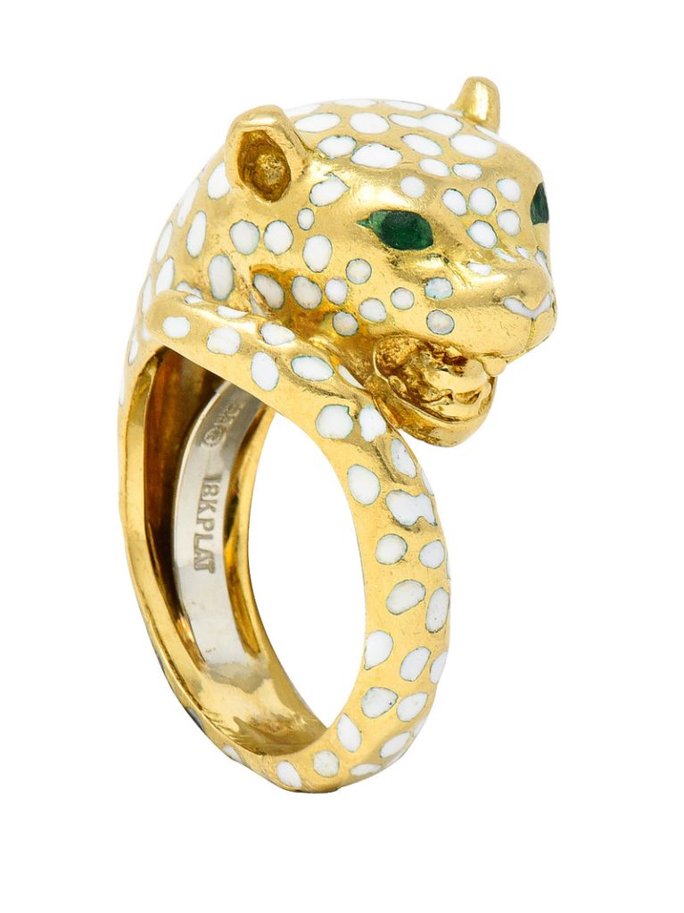 David Webb 1970s Enamel 18 Karat Yellow Gold Leopard Vintage Bypass Ring