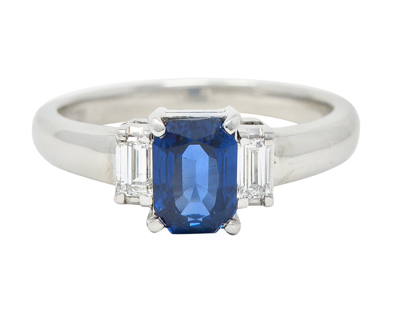 Contemporary 2.01 CTW Cushion Cut Sapphire Diamond Platinum Three Stone Ring