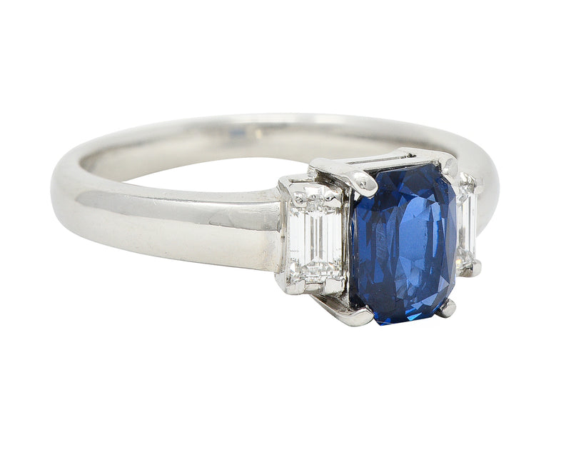 Contemporary 2.01 CTW Cushion Cut Sapphire Diamond Platinum Three Stone Ring