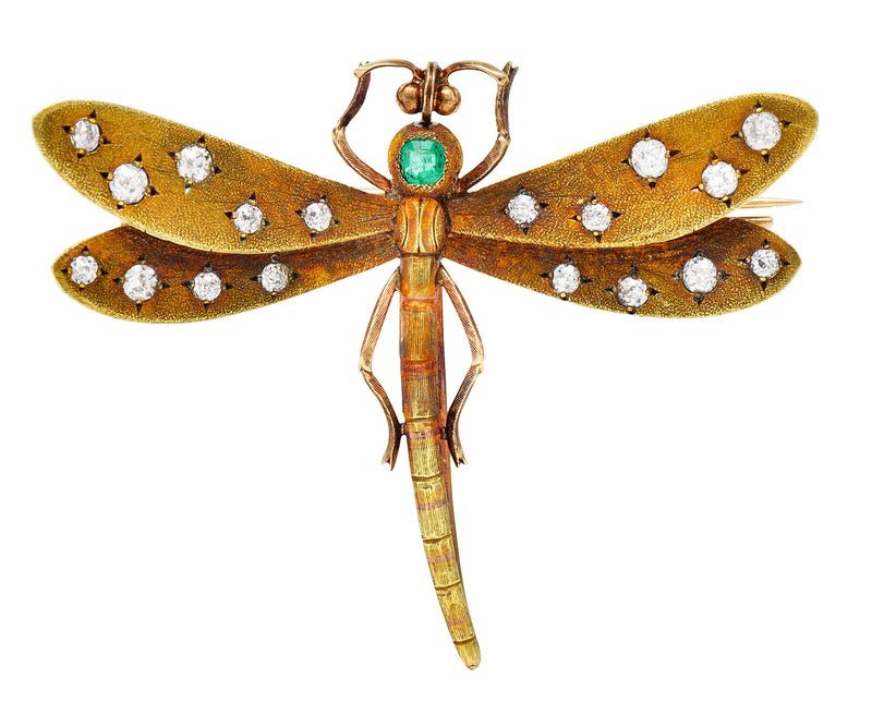 A.J Hedges & Co. Art Nouveau Emerald Diamond 14 Karat Yellow Gold Dragonfly Antique Brooch