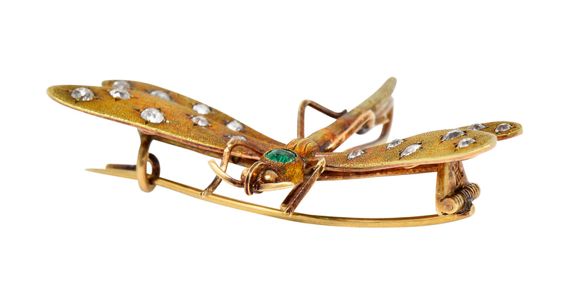 A.J Hedges & Co. Art Nouveau Emerald Diamond 14 Karat Yellow Gold Dragonfly Antique Brooch