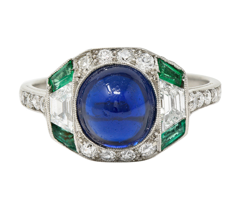 Art Deco 3.60 CTW No Heat Cambodian Sapphire Cabochon Emerald Diamond Geometric Foliate Dinner Ring GIA