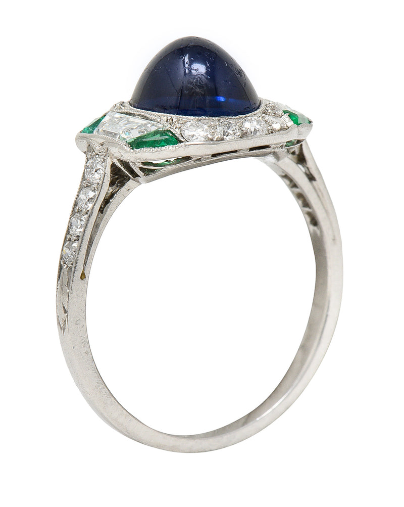 Art Deco 3.60 CTW No Heat Cambodian Sapphire Cabochon Emerald Diamond Geometric Foliate Dinner Ring GIA