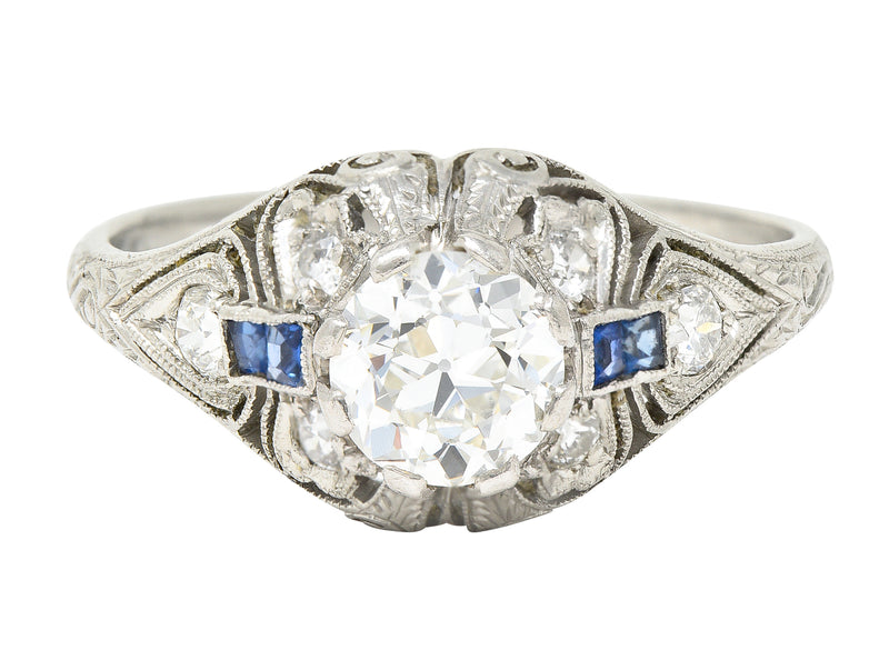 Art Deco 1.55 CTW Old European Diamond Sapphire Platinum Clover Vintage Engagement Ring